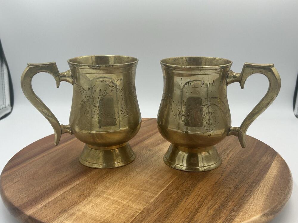 Vintage Brass Tankard Cup Mugs Set 2 Etched Engraved GT Arabic 5" Cottage Pub